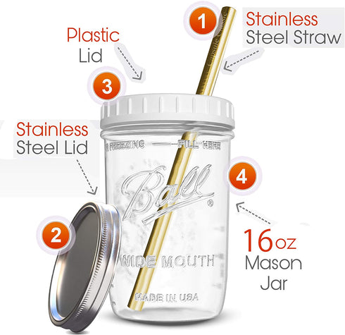 Reusable Wide Mouth Smoothie Cups Boba Tea Cups Bubble Tea Cups with Lids and Gold Straws Ball Mason Jars Glass Cups (2-pack, 16 oz mason jars) Brand Capsule Classic