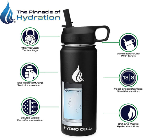 HYDRO CELL Stainless Steel Water Bottle w/ Straw & Wide Mouth Lids (64oz 40oz 32oz 24oz 18oz 14oz) - Keeps Liquids Perfectly Hot or Cold with Double Wall Vacuum Insulated Sweat Proof Sport Design (Black 18oz)