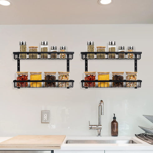 Spice Rack, Spice Rack Organizer Wall Mount, 4-Tier Stackable Hanging Spice Rack, Spice Shelf Storage, Floating Shelves Storage for Spice, Adjustable Spice Holder for Kitchen Bathroom Cabinet Pantry