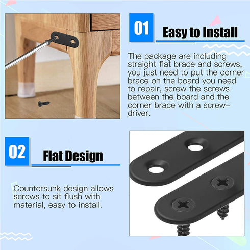 Glarks 110Pcs 20Pcs 40mm 80mm 130mm 200mm Flat Straight Corner Brace Black Metal Joint Plate Connector Repair Fixing Bracket with Mounting Screws Set for Wood Furniture