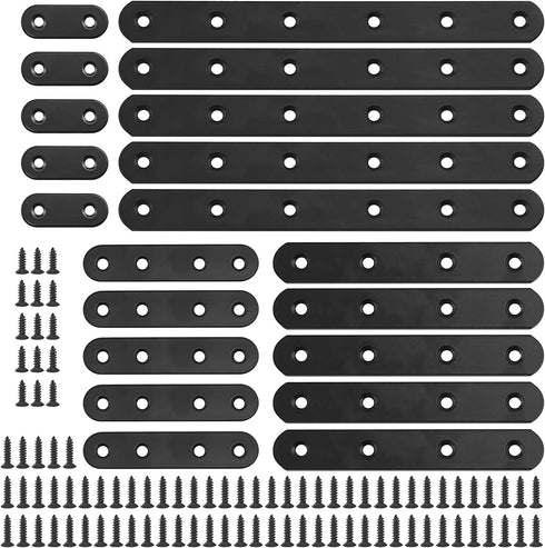 Glarks 110Pcs 20Pcs 40mm 80mm 130mm 200mm Flat Straight Corner Brace Black Metal Joint Plate Connector Repair Fixing Bracket with Mounting Screws Set for Wood Furniture
