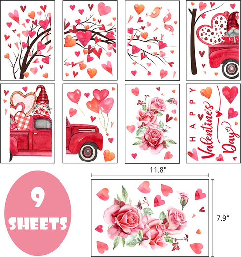 Yovkky Pink Hearts Tree Truck Gnome Wedding Anniversary Window Clings 9 Sheets, Happy Valentines Day Glass Stickers Decal Peony Flower Decor, Home Kitchen Fridge Decorations DIY Supply Double Sided