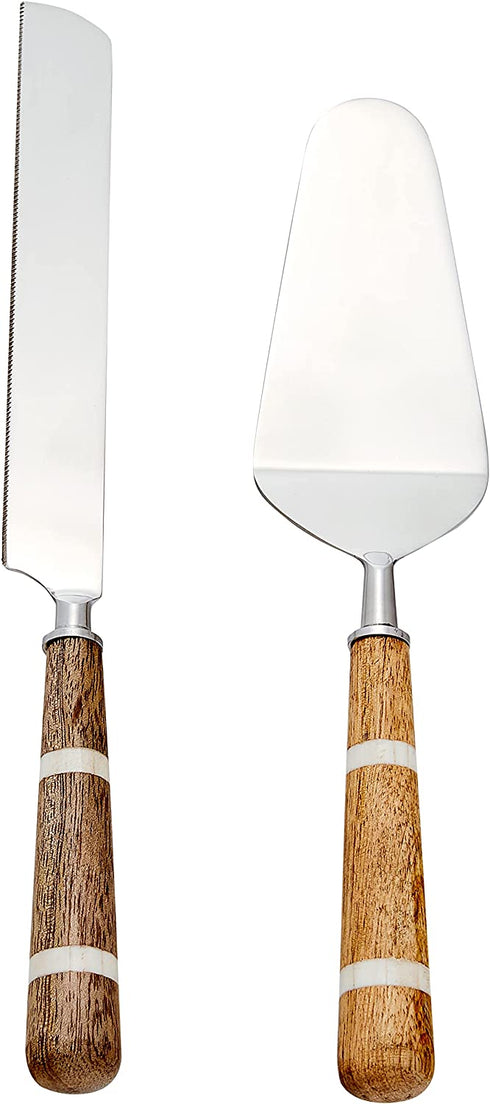 Creative Co-op DF0728 Stainless Steel Wood & Horn Inlay Handle and Bag (2 Pieces) Cake Knife & Server, Brown
