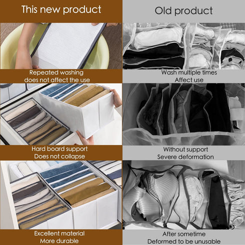 2 Pcs Wardrobe Clothes Organizer with Support Board- Foldable Mesh Closet Storage Large 7 Grids Divider Drawer Organizers Washable Compartment Storage Box for Jeans T-shirt Pants Legging (L)