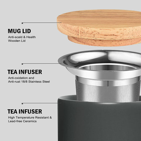 COYMOS Ceramic Tea Mug with Infuser and Lid, 16oz Loose Leaf Tea Cup Large Handle Teaware Mug, Tea Gift Sets for Tea Lover (Gray)