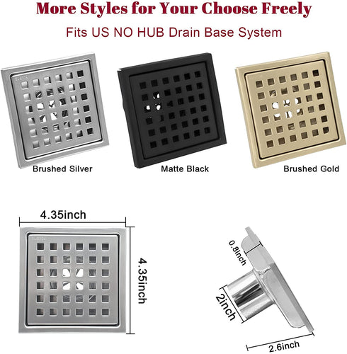 Fibetter Square Shower Drain, 4-1/4 Inch SUS 304 Stainless Steel Grid Pattern with Hair Strainer Square Drain for Shower - Brushed Nickel