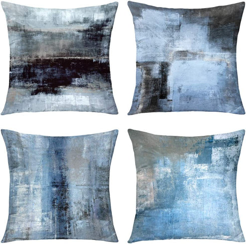 GALMAXS7 Blue Grey Decorative Throw Pillow Covers Modern Abstract Art Soft Velvet Pillow Covers Sofa Pillow Case Square Cushion Covers for Couch Bedroom Living Room 18X18 inch Set of 4