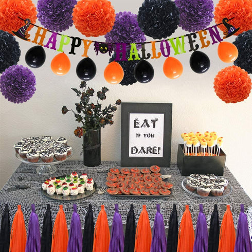 ADLKGG Halloween Orange Purple Black Party Decorations, €œHappy Halloween Banner, Balloons, Tissue Paper pom poms Flowers, Tassel DIY Party Garland, Birthday Party, Baby Shower, Festival