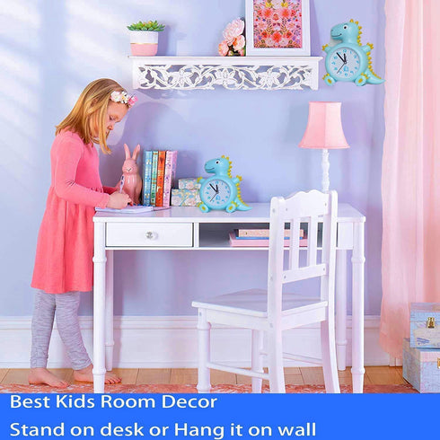 Kids Alarm Clocks, Analog Dinosaur Wall Clock for Kids Room Decor, Desk Clock Non Ticking Dinosaurs Decals for Bedroom Decoration,Blue
