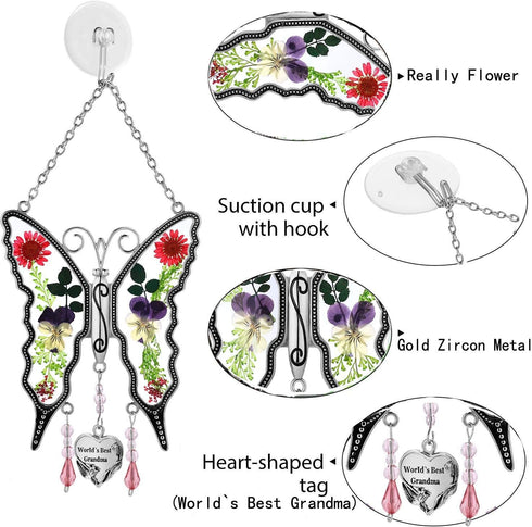 World`s Best Grandma New Butterfly SunCatcher Stained Glass Butterfly Sun Catcher Wind Chime for Windows for Grandma Happy Mother`s Day Valentine's Day Birthday Christmas Thanksgiving Gift