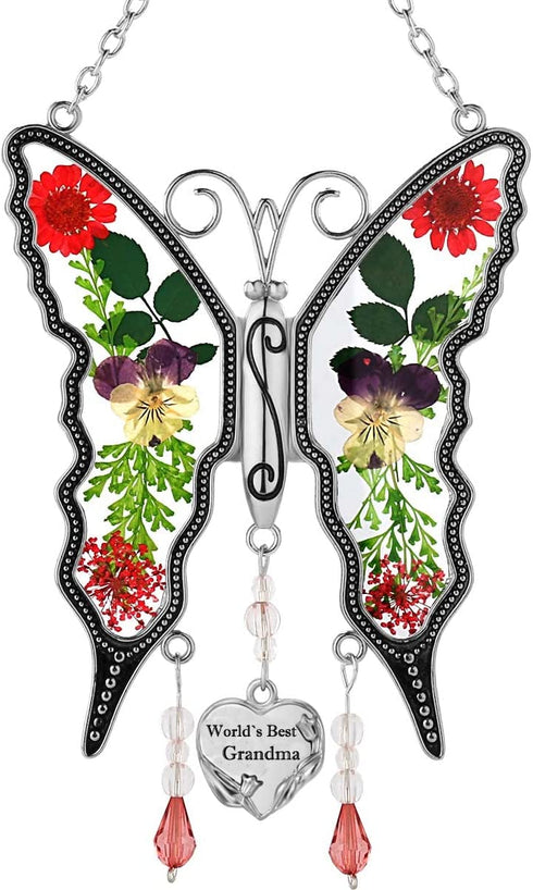 World`s Best Grandma New Butterfly SunCatcher Stained Glass Butterfly Sun Catcher Wind Chime for Windows for Grandma Happy Mother`s Day Valentine's Day Birthday Christmas Thanksgiving Gift
