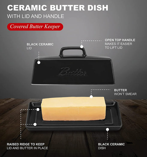 Ceramic Butter Dish with Lid, Covered Butter Keeper - Handle Design - Dishwasher Safe, 7.5 Inch Wide, Black