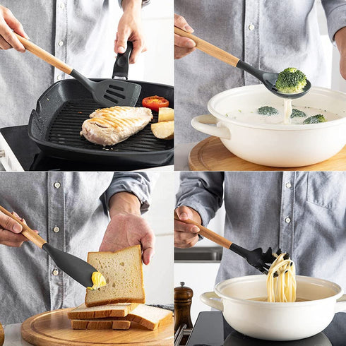 ONMIER Kitchen Cooking Utensils Set, 9 pcs Non-stick Silicone Cooking Kitchen Utensils Spatula Set,BPA Free Wooden Handle Silicone Kitchen Gadgets Utensil Set (Grey)