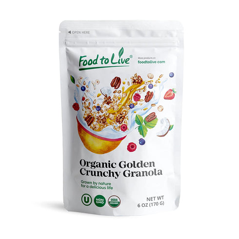Organic Golden Crunchy Granola, 6 Ounces - Small Batch, Handcrafted, Bulk, Great as Snack and for Breakfast Cereals, Contains Hazelnuts, Pecan Nuts, Almonds, Coconut, Flax and Sunflower Seeds