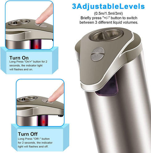 Soap Dispenser, Touchless Automatic Soap Dispenser, Waterproof Base Stainless Steel Infrared Sensor Type Adjustable Soap Dispenser for Family Restaurants