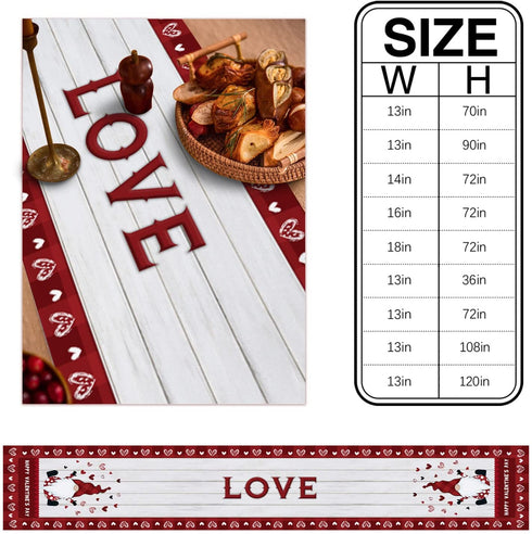 Valentine's Day Cute Gnome 90 Inches Long Table Runner for Dining Room, Rustic Wood Cotton Linen Tablecloth Runners, Farmhouse Table Setting Decor for Wedding Party Holiday Home, Machine Washable.