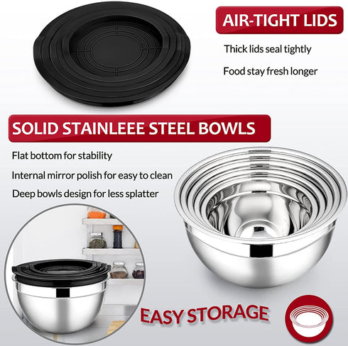Mixing Bowls with Lids Set of 5, E-far Stainless Steel Black Mixing Bowls Metal Nesting Bowls with Airtight Lids for Cooking, Baking, Serving, Storage - Size 0.7/1/1.5/3/4.5QT - Dishwasher Safe