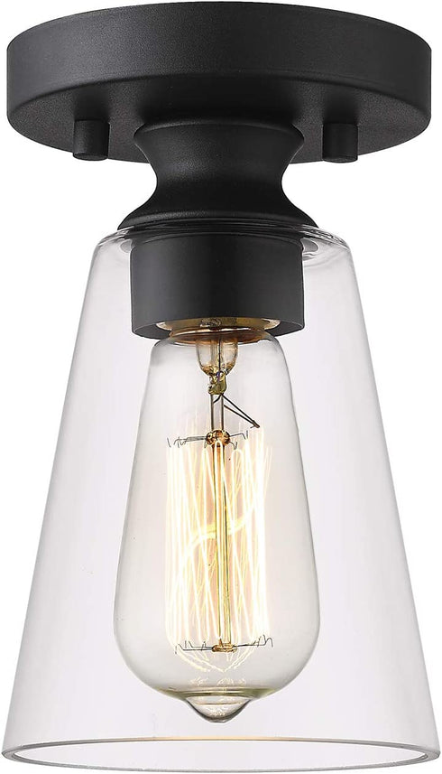 Cone Flush Mount Ceiling Light, HANASS 1-Light Black Ceiling Light Fixture, Farmhouse Light Fixture with Clear Glass Shade for Bedroom Hallway Dining Room Bathroom Corridor, MX99987-1