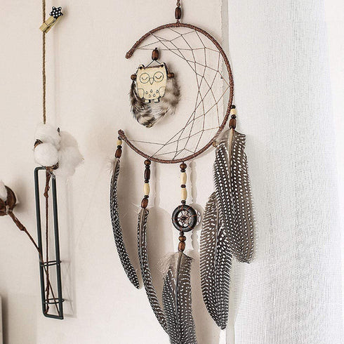 WEAGO Unique Owl Dream Catchers for Hanging,Half Circle Moon Net Dream Catcher,Wooden Beads& Owl Feather with Small Circle Pendant Dream Catchers,Wall Hanging Decoration Bedroom Home Ornament Gift