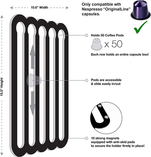 Demi's Home Coffee Pod Holder for Nespresso Original Capsules - Magnetic Holder Suitable to be Mounted on the Fridge (Black)