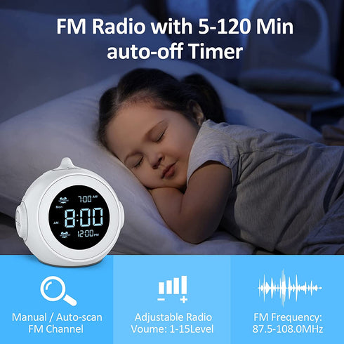 Welgo Digital Alarm Clock Radio-0-100% Dimmer, 6 Sounds Adjustable Volume, Weekday/Weekend, FM Radio with Sleep Timer, Snooze, Battery Backup, 2.4''LCD Display, Headphone Jack, Small Size for Bedside