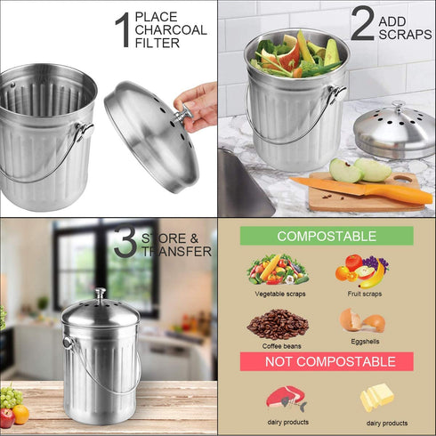 ENLOY Compost Bin, Stainless Steel Indoor Compost Bucket for Kitchen Countertop Odorless Compost Pail for Kitchen Food Waste with Carrying Handle 1.3 Gallon Easy to Clean