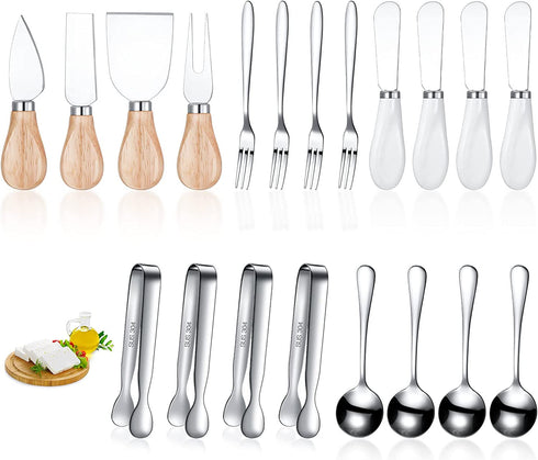 20 Pcs Spreader Knife Set Cheese Butter Spreader Knife Cheese Slicer Knife Stainless Steel Blade with Porcelain and Wooden Handles Mini Serving Tongs Spoons and Forks for Christmas (Bright Style)