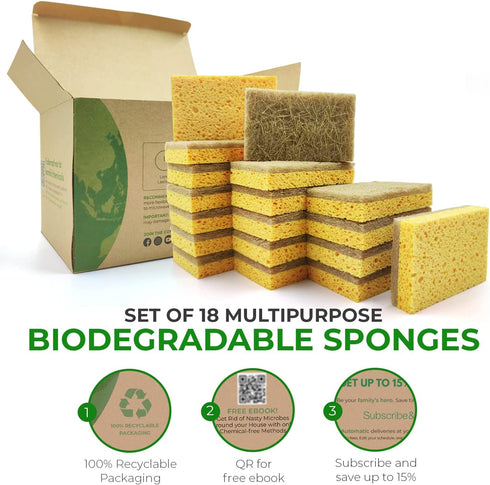 AIRNEX 18 Pack Biodegradable Natural Kitchen Sponge - Compostable Cellulose and Coconut Walnut Scrubber Sponge - Eco Friendly Sponges for Dishes