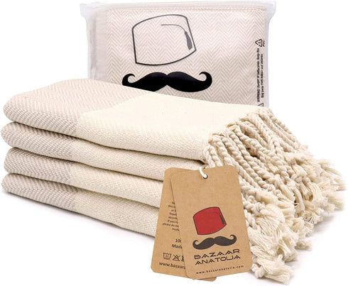 Turkish Hand Towel Set of 4 Herringbone Peshtemal Towel 100% Cotton 45x20 Light Weight Thin Quick Dry Hand Bath Hair Gym Face Tea Kitchen Dishcloth Set Decorative Towels for Bathroom (Cream)