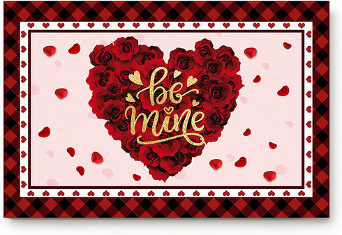ALAGEO Valentine's Day Doormat Red Love Heart with Rose Flowers Entrance Mat Be Mine Farmhouse Buffalo Plaid Valentine Decorative Floor Mat Non Slip Washable Welcome Mats for Home Decor