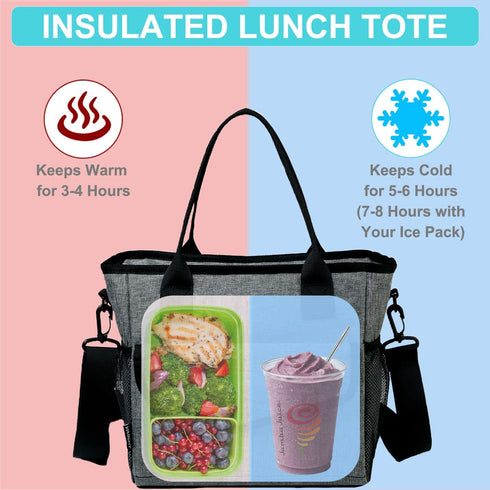Lunch Bag for Women,VASCHY Ladies Fashion Insulated Lunch Box Tote Bag for Work School Office w Shoulder Strap Gray