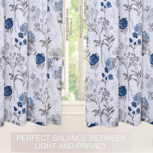 Haperlare Navy Blue Cafe Curtains 36 Inches Length, Watercolor Flowers Rod Pocket Short Tier Curtains for Kitchen Leaf Floral Bathroom Window Curtains, Blue/Grey