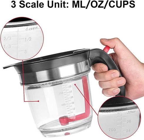 4-Cup Gravy Fat Separator With Bottom Release - Healthier Gravy, Soup, Stock And Oil Separator With Strainer 1L Grease Separator Cup Fat Skimmer For Cooking