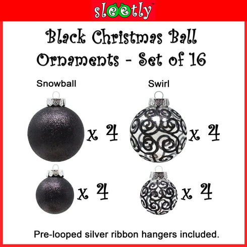 Sleetly Black Christmas Ornaments Shatterproof Ball Tree Decorations, Set of 16