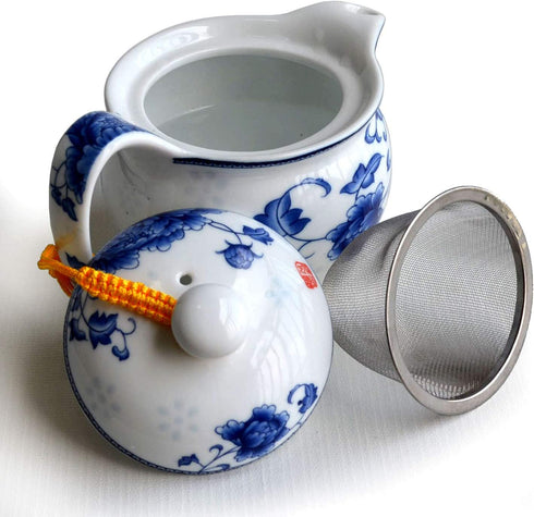 Yxhupot Teapot 350ml Blue and White Flower Porcelain Barrel Classic Water Pot (Showy peony)