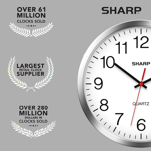 SHARP Wall Clock Silver/Chrome, Silent Non Ticking 12 Inch Quality Quartz Battery Operated Round Easy to Read Home/Kitchen/Office/Classroom/School Clocks, Sweep Movement
