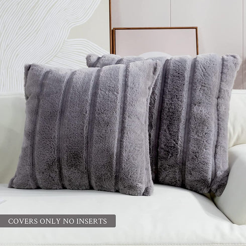 Cozy Bliss Set of 2 Faux Fur Fleece Throw Pillow Covers Luxury Super Soft Plush, Striped Cushion Cover Textured Decorative Pillowcases for Sofa Couch Bed Chair Car (Grey, 20"x20")