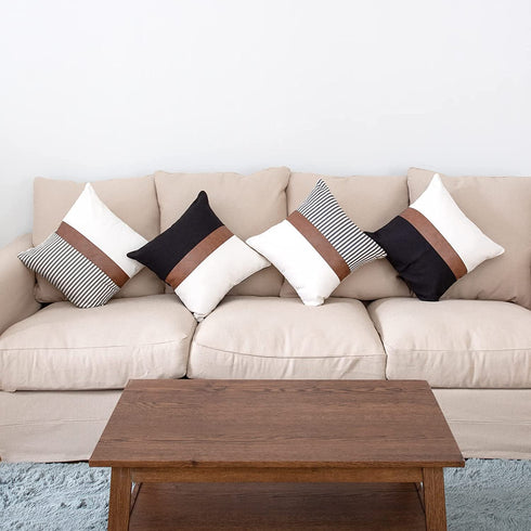 HOMFINE Farmhouse Throw Pillow Covers 18 x 18 - Decorative Accent Pillow Cover Set of 2 , Modern Decor Stripe Faux Leather Patchwork Square Cushion Pillow Case for Couch Sofa, Grey