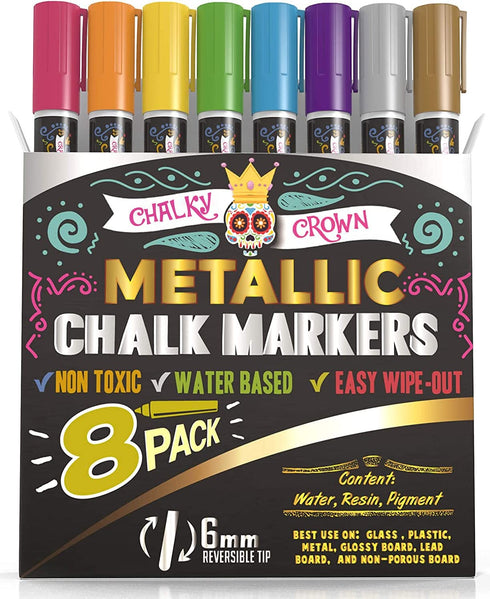 Metallic Liquid Chalk Markers - Dry Erase Marker Pens - Chalk Markers for Chalkboards, Signs, Windows, Blackboard, Glass - Reversible Tip (8 Pack) - 24 Chalkboard Labels Included (Metallic, 6mm)