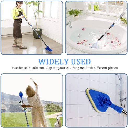 Long Handle Cleaning Brush, Globalstore 2 in 1 Scrub Brush Shower Scrubber for Cleaning, 37? Scrubbing Brush Bathtub Scrubber for Shower Floor Bathroom Wall Glass, 1 Stiff Bristle Brush 3 Sponge Brush