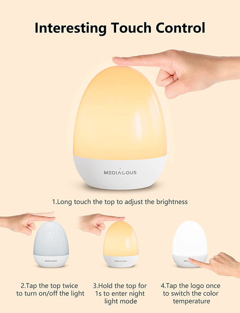 Night Lights for Kids Room, MediAcous Baby Night Light with Stable Charging Pad, Dimmable Kids Night Light with 1H Timer & Touch Control, ABS+PC LED Egg Lamps for Breastfeeding, Up to 200H