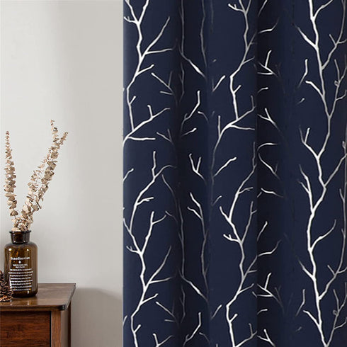 BUHUA Thermal Insulated Curtains Blackout Grommet Thermal Insulated Shinny Tree Branches Print Curtain for Bedroom,Navy Blue,38W x 72L, Set of 2 Panels