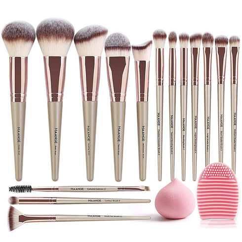 MAANGE Makeup Brushes 15 Pcs Professional Synthetic Makeup Brushes Set Foundation Contour Concealer Blush Powder Make Up Brushes With 1 Makeup Sponge & 1 Brush Cleaner (Champagne)
