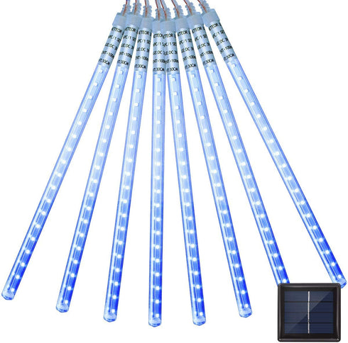 Vmanoo LED Outdoor Lights 8 Tube Meteor Shower Rain Lights Solar Powered Icicle Raindrop Snow Falling Lights Cascading Lighting for Garden Outdoor Patio Holiday Party Halloween Decoration (Blue)