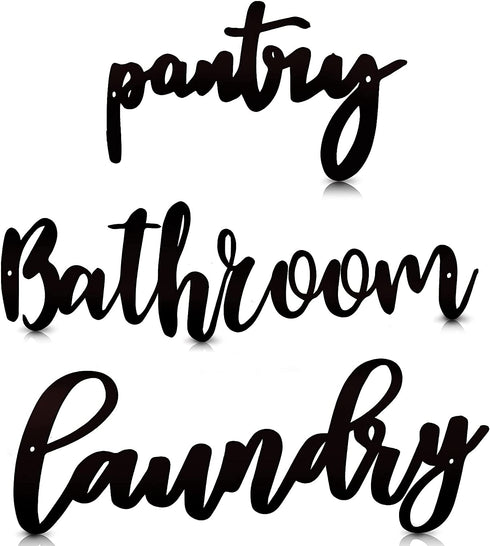 3 Pieces Laundry Pantry Bathroom Metal Sign Metal Bathroom Letters Wall Decor Black Pantry Wall Sign Black Letters Bathroom Decor Laundry Hanging Metal Wall Art for Home Decor, Double-Sided Printed