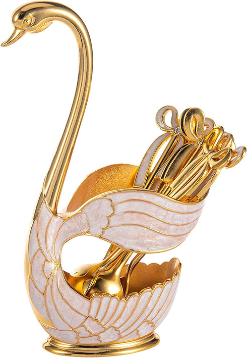 Feyarl Coffee Dessert Sugar Spoon Set Decorative Swan Base Holder with 6pcs Spoons for Stirring Mixing Dessert Ice Cream Coffee Teaspoon Cake Flatware (Gold)