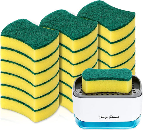 19 Pack Kitchen Clean Sponges for Dish,1 Pack Dish Soap Dispenser for Kitchen, Soap Dispenser and Sponge Holder 2 in1, Countertop Soap Pump Dispenser Caddy