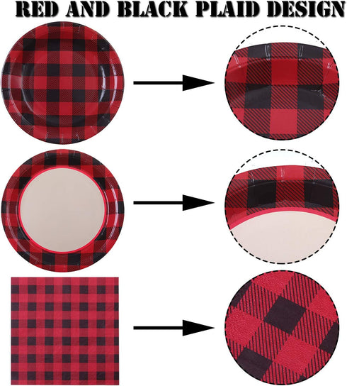 Aneco 98 Pieces Red and Black Plaid Party Supplies Party Tableware Paper Plates and Napkins for 24 Guests