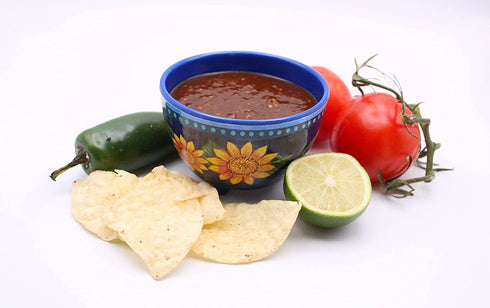 Bundle Bop Chips and Salsa Chip Dip Bowl Set - Melamine Spanish 6 Piece Small Bowl Set Painted Blue Dishes with Sunflowers - Serving Bowls for Party and Fiestas (6)