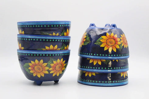 Bundle Bop Chips and Salsa Chip Dip Bowl Set - Melamine Spanish 6 Piece Small Bowl Set Painted Blue Dishes with Sunflowers - Serving Bowls for Party and Fiestas (6)